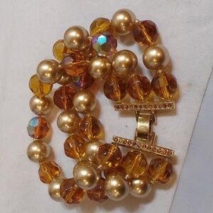 3 STRANDS BEADED  GOLDEN PEARL 7MM  BRACELET